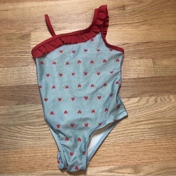 Junk Food Mickey Mouse One Piece Swim Suit 5T Blue Red Ruffle Bathing - Picture 1 of 3